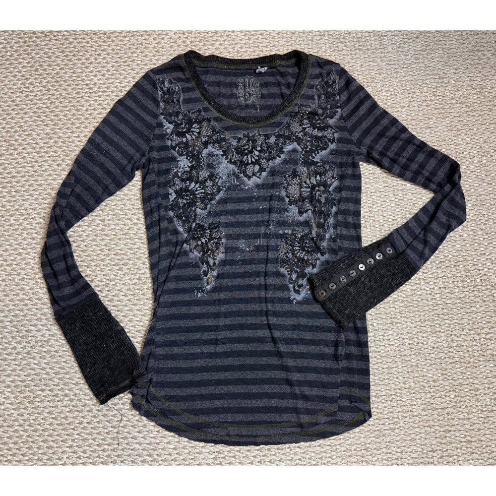 Miss Me Y2K XL Striped Graphic Top goth Sequin Button Cuff Whimsigoth grunge